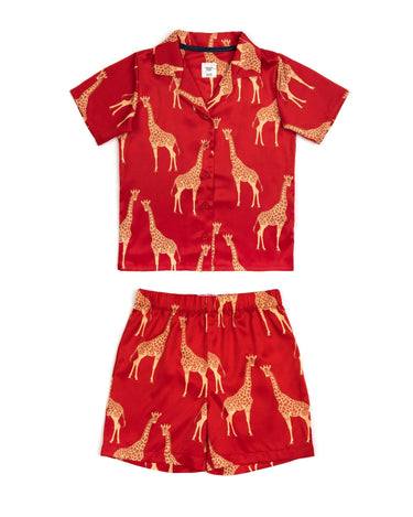 Kids' Satin Red Giraffe Short Pyjama Set